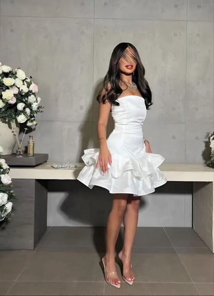 Elegant White Strapless Tiered Ruffle Hem Bodycon Short Homecoming Dress Birthday Dress AS3458