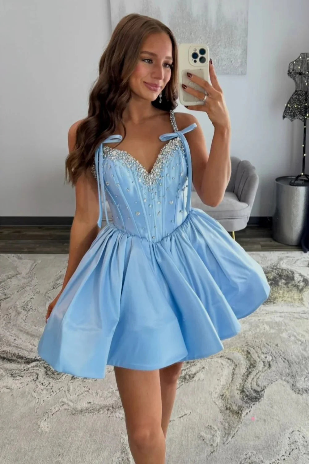 Sparkly Light Blue Corset Homecoming Dress With Rhinestone Bodice And Bow Tie Straps AS346