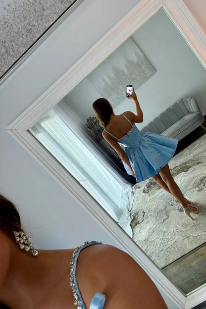Sparkly Light Blue Corset Homecoming Dress With Rhinestone Bodice And Bow Tie Straps AS346