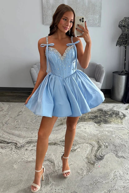 Sparkly Light Blue Corset Homecoming Dress With Rhinestone Bodice And Bow Tie Straps AS346