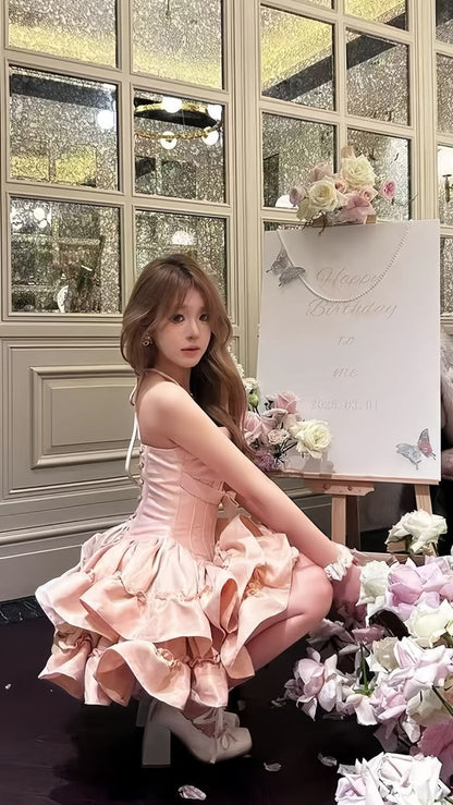 Delicate Pink Halter Bow Corset Ruffled Satin A Line Short Homecoming Dress Birthday Dress AS3462