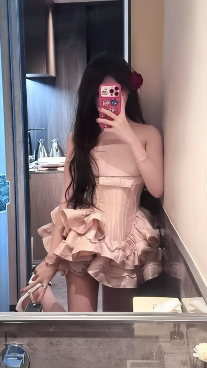 Delicate Pink Halter Bow Corset Ruffled Satin A Line Short Homecoming Dress Birthday Dress AS3462