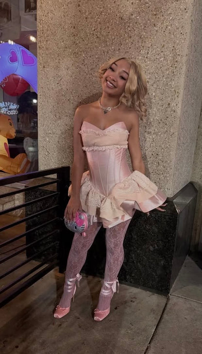 Sweet Pink Strapless Lace Ruffle Corset A Line Short Homecoming Dress Birthday Dress AS3464