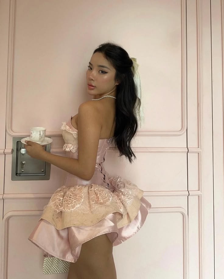 Sweet Pink Strapless Lace Ruffle Corset A Line Short Homecoming Dress Birthday Dress AS3464