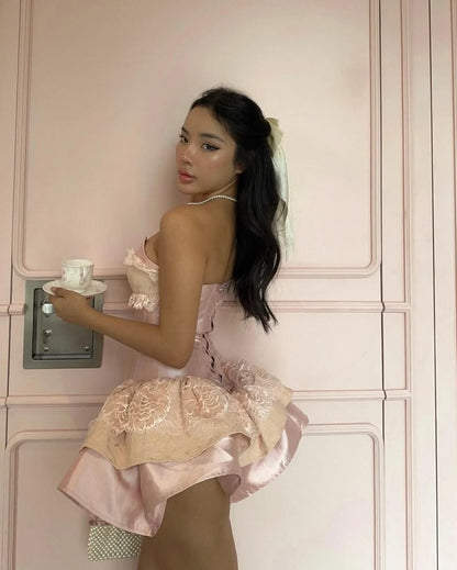 Sweet Pink Strapless Lace Ruffle Corset A Line Short Homecoming Dress Birthday Dress AS3464