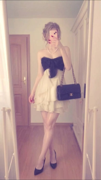 Chic Ivory Black Strapless Lace Bow A Line Short Homecoming Dress Birthday Dress AS3467