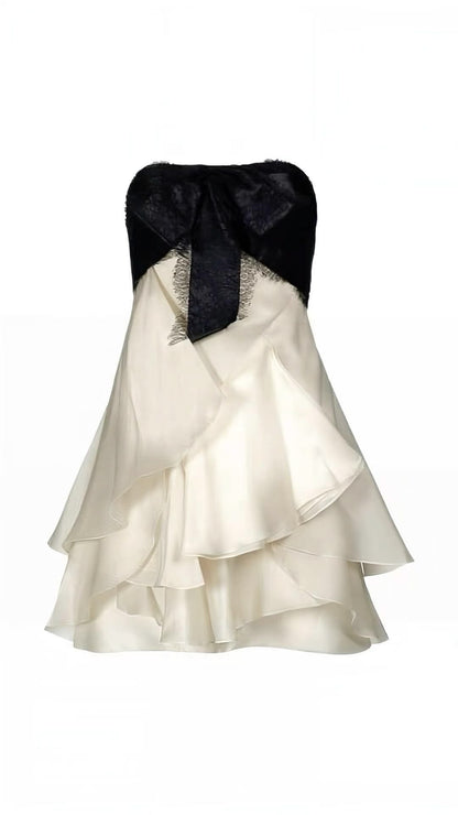 Chic Ivory Black Strapless Lace Bow A Line Short Homecoming Dress Birthday Dress AS3467