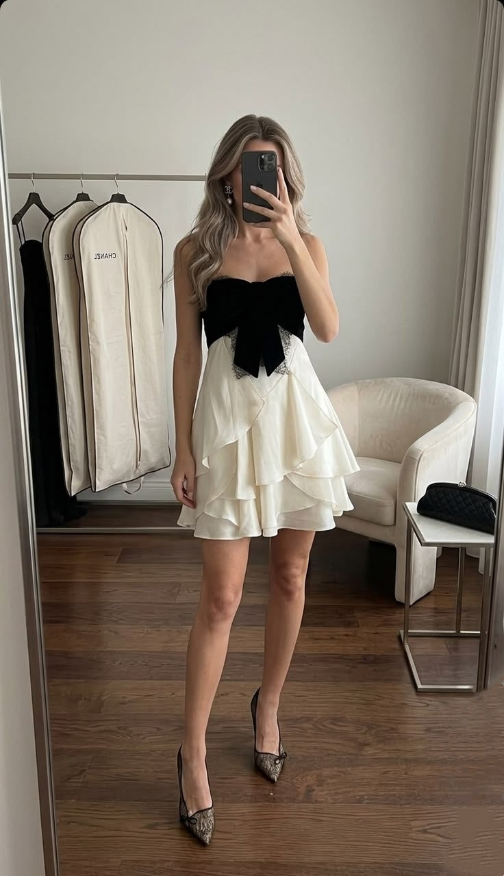 Chic Ivory Black Strapless Lace Bow A Line Short Homecoming Dress Birthday Dress AS3467