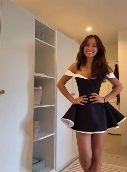 Chic Black White Off Shoulder A Line Short Homecoming Dress Birthday Dress AS3468
