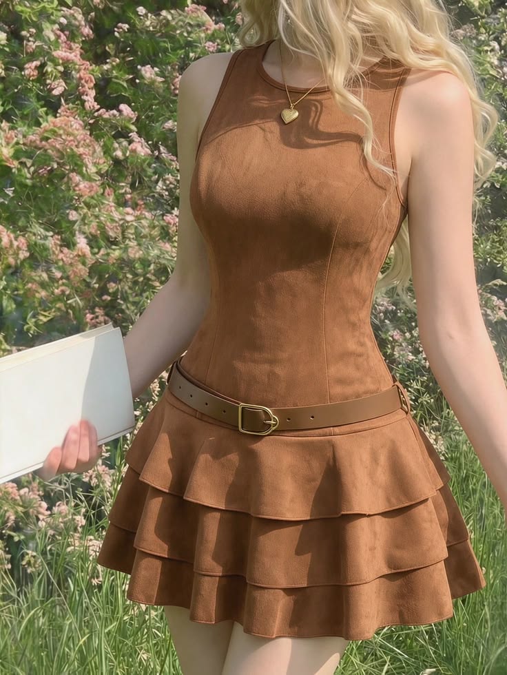 Chic Brown Sleeveless Round Neck Belted A Line Short Homecoming Dress Birthday Dress AS3469