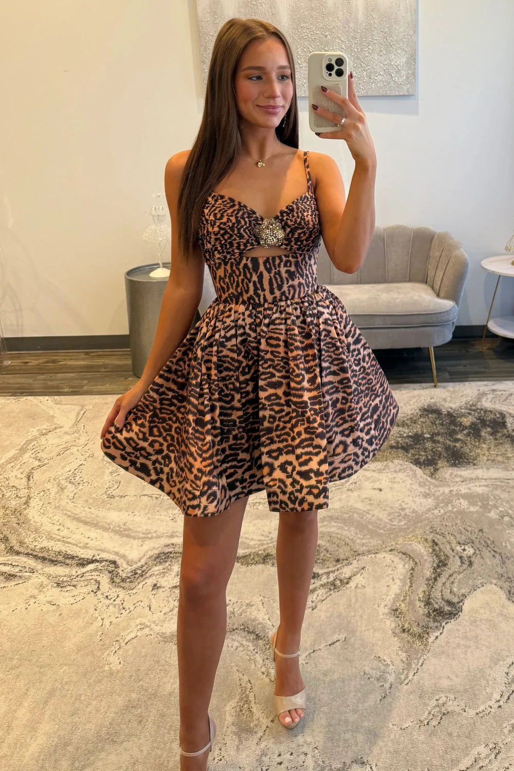 Bold Leopard Print Cutout Homecoming Dress With Jewel Bust Detail And Spaghetti Straps AS347
