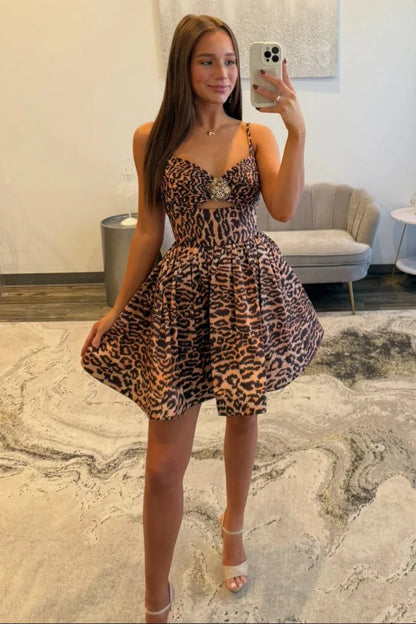 Bold Leopard Print Cutout Homecoming Dress With Jewel Bust Detail And Spaghetti Straps AS347