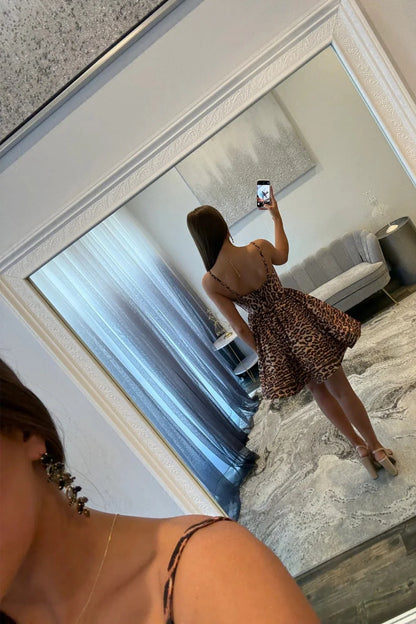 Bold Leopard Print Cutout Homecoming Dress With Jewel Bust Detail And Spaghetti Straps AS347