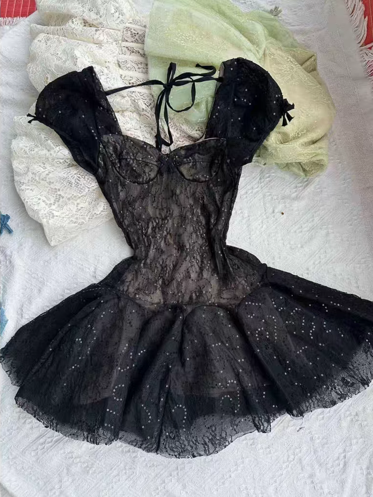 Glam Black Sweetheart Neck Puff Short Sleeve Sequin Lace A Line Short Homecoming Dress Birthday Dress AS3471