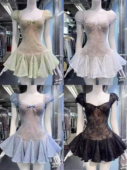 Glam Black Sweetheart Neck Puff Short Sleeve Sequin Lace A Line Short Homecoming Dress Birthday Dress AS3471