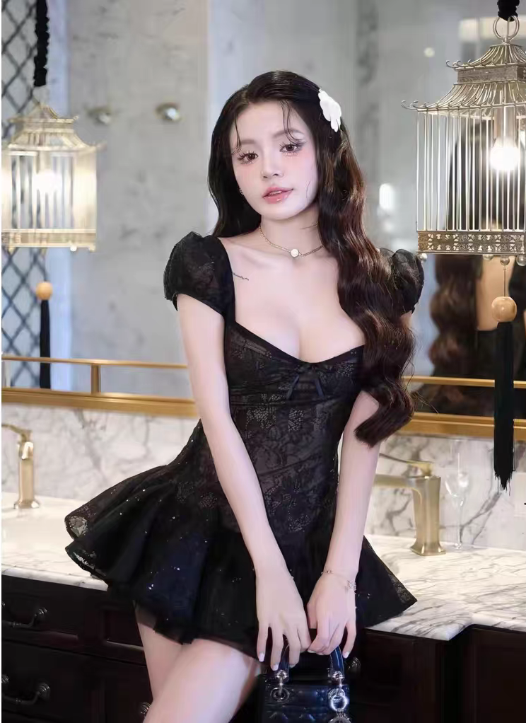 Glam Black Sweetheart Neck Puff Short Sleeve Sequin Lace A Line Short Homecoming Dress Birthday Dress AS3471