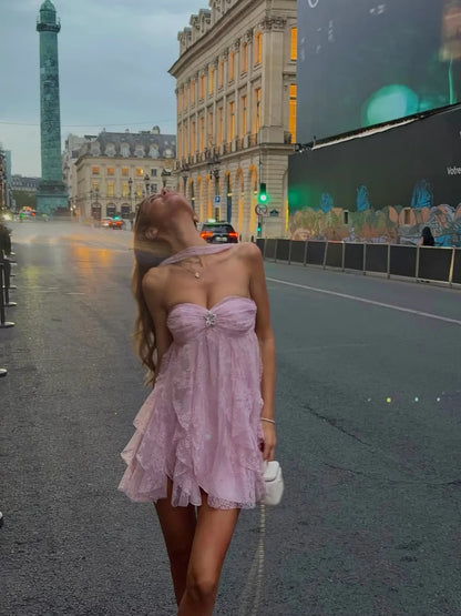 Delicate Pink Strapless Rhinestone Lace Tiered Ruffle A Line Short Homecoming Dress Birthday Dress AS3472