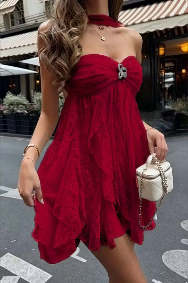 Delicate Pink Strapless Rhinestone Lace Tiered Ruffle A Line Short Homecoming Dress Birthday Dress AS3472