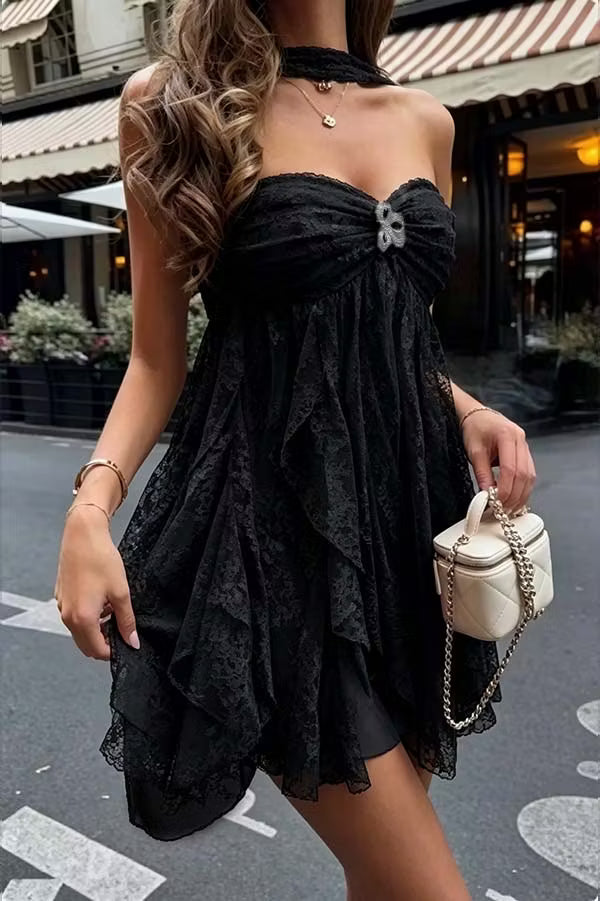 Delicate Pink Strapless Rhinestone Lace Tiered Ruffle A Line Short Homecoming Dress Birthday Dress AS3472