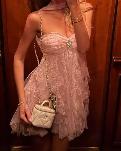 Delicate Pink Strapless Rhinestone Lace Tiered Ruffle A Line Short Homecoming Dress Birthday Dress AS3472