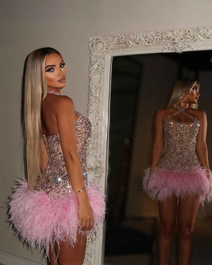 Luxury Nude Halter Rhinestone Pink Feather Hem Bodycon Short Homecoming Dress Birthday Dress AS3475