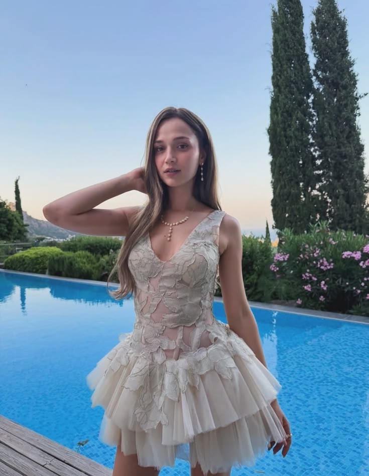 Ethereal Ivory Sleeveless V-Neck 3D Floral Lace A Line Short Homecoming Dress Birthday Dress AS3476
