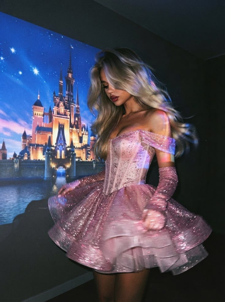 Sparkly Pink Off Shoulder Glitter Corset A Line Short Homecoming Dress Birthday Dress AS3477