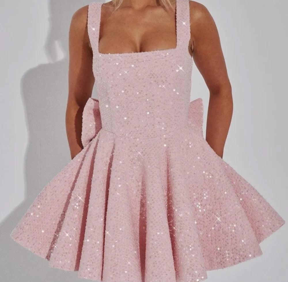Sweet Pink Square Neck Glitter Back Bow A Line Short Homecoming Dress Birthday Dress AS3478
