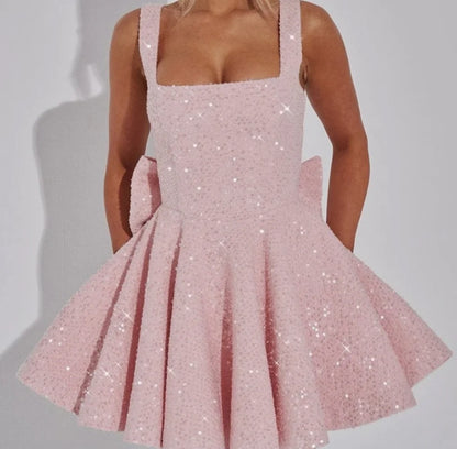 Sweet Pink Square Neck Glitter Back Bow A Line Short Homecoming Dress Birthday Dress AS3478