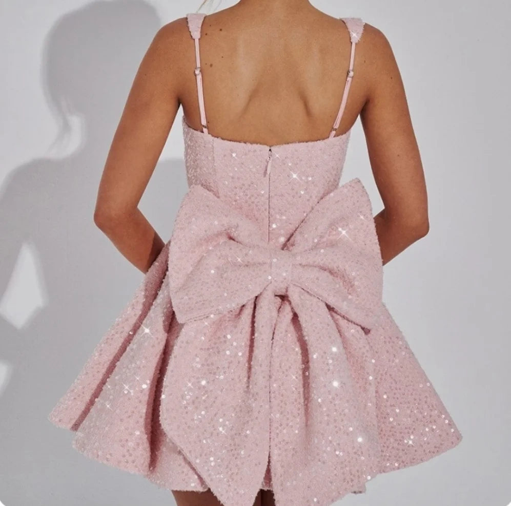 Sweet Pink Square Neck Glitter Back Bow A Line Short Homecoming Dress Birthday Dress AS3478