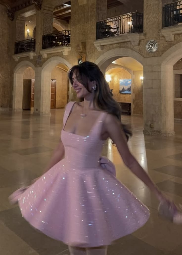 Sweet Pink Square Neck Glitter Back Bow A Line Short Homecoming Dress Birthday Dress AS3478