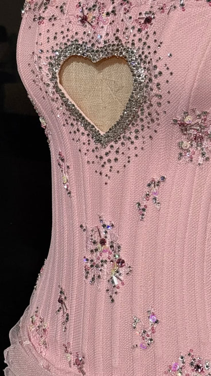 Chic Pink Strapless Heart Cutout Beaded Lace Ruched Bodycon Short Homecoming Dress Birthday Dress AS3479