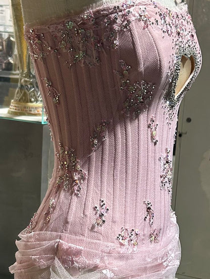 Chic Pink Strapless Heart Cutout Beaded Lace Ruched Bodycon Short Homecoming Dress Birthday Dress AS3479