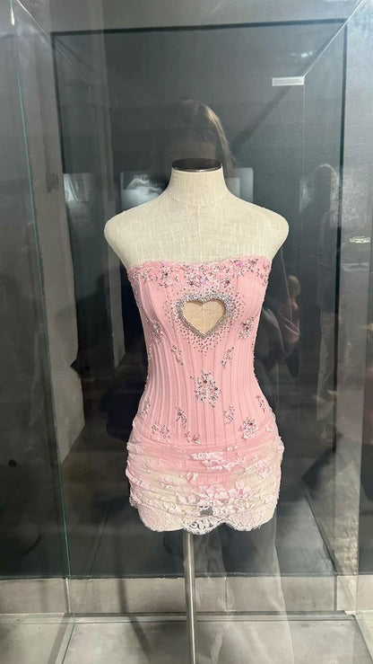 Chic Pink Strapless Heart Cutout Beaded Lace Ruched Bodycon Short Homecoming Dress Birthday Dress AS3479