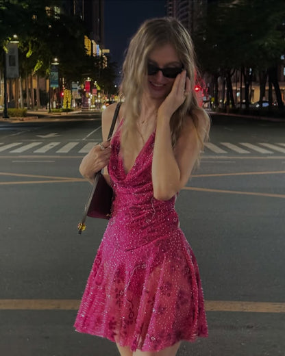 Vibrant Fuchsia Halter V Floral Beaded Sequin A Line Short Homecoming Dress Birthday Dress AS3480