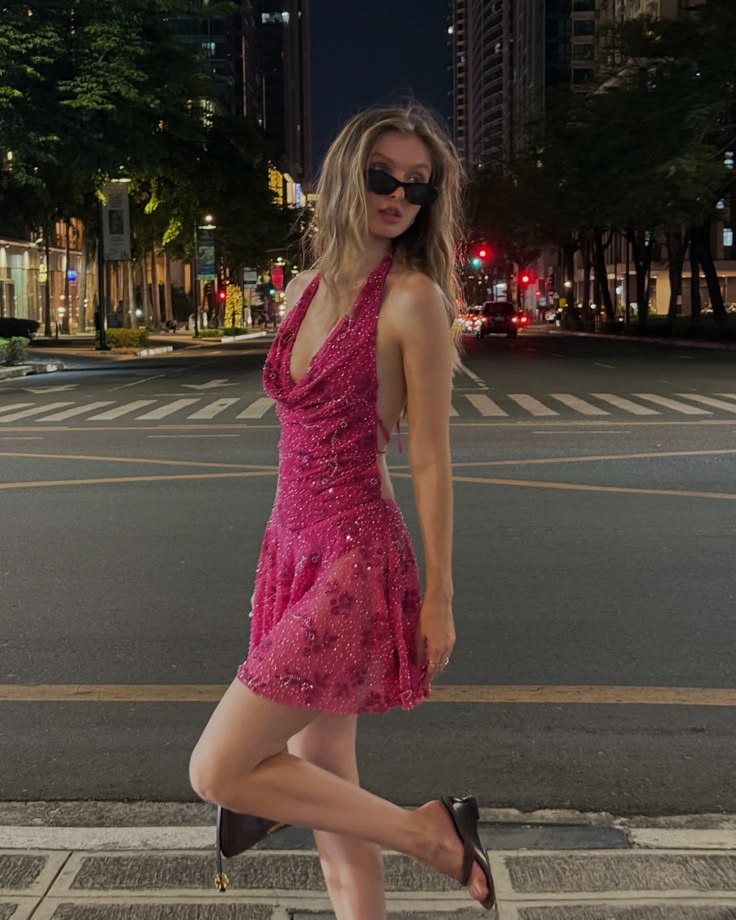Vibrant Fuchsia Halter V Floral Beaded Sequin A Line Short Homecoming Dress Birthday Dress AS3480