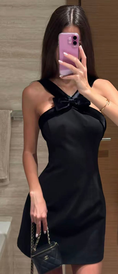 Sleek Black Halter Bow Neck Satin Bodycon Short Homecoming Dress Birthday Dress AS3482