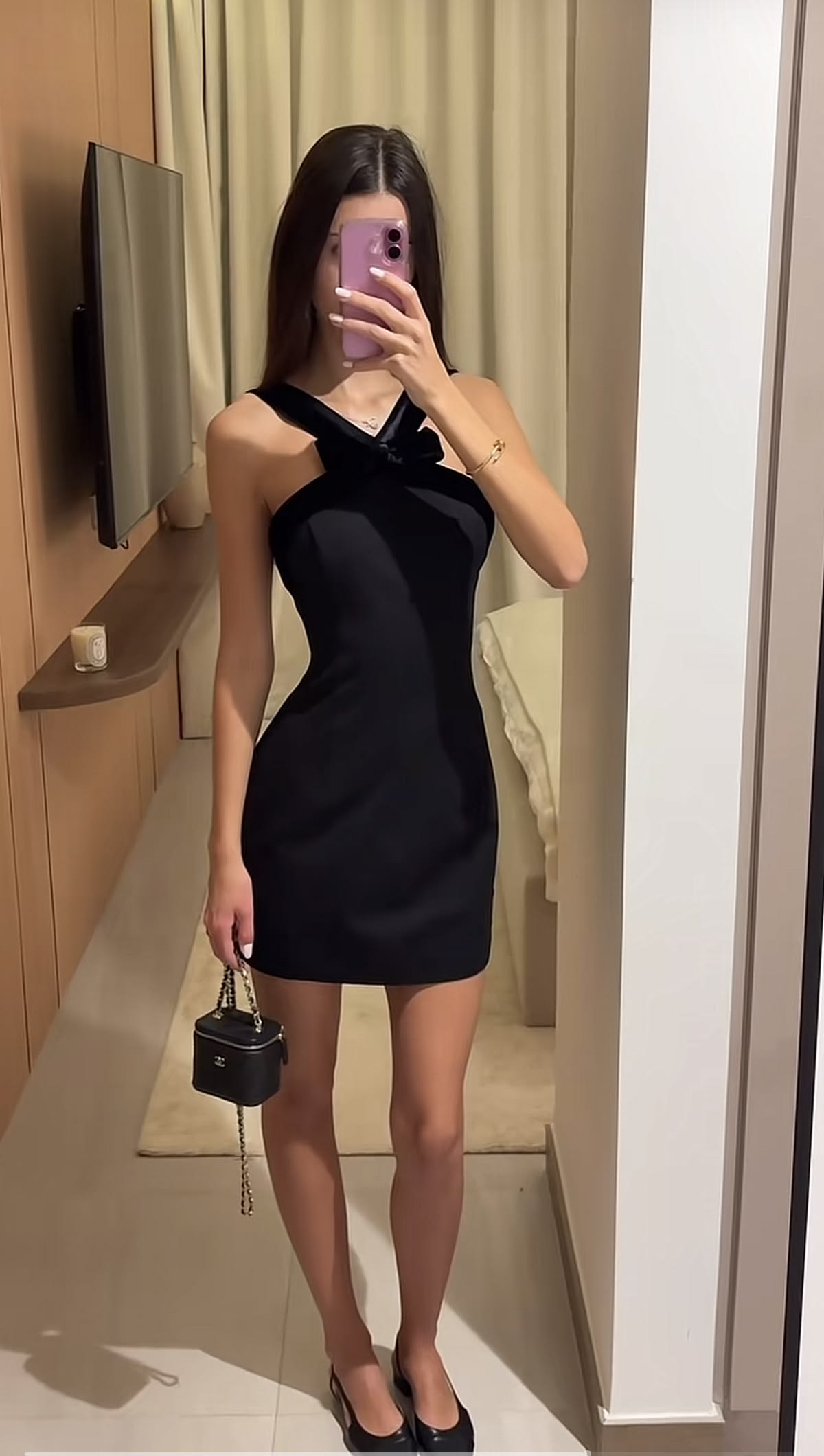 Sleek Black Halter Bow Neck Satin Bodycon Short Homecoming Dress Birthday Dress AS3482