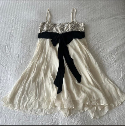 Chic Ivory Lace Spaghetti Straps Black Bow A Line Short Homecoming Dress Birthday Dress AS3484