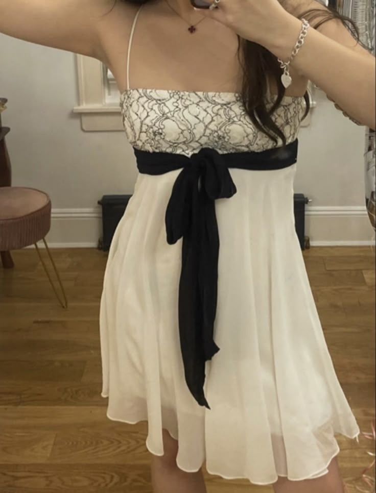 Chic Ivory Lace Spaghetti Straps Black Bow A Line Short Homecoming Dress Birthday Dress AS3484