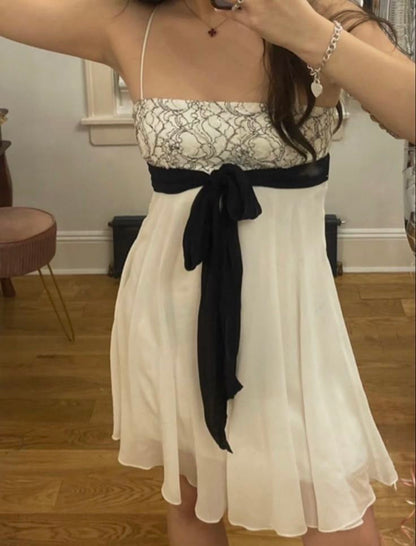Chic Ivory Lace Spaghetti Straps Black Bow A Line Short Homecoming Dress Birthday Dress AS3484