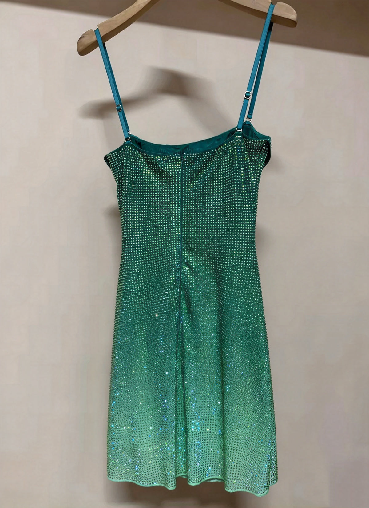Stunning Green Ombre Spaghetti Straps Rhinestone Mesh Bodycon Short Homecoming Dress Birthday Party Dress AS3487