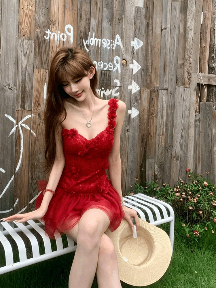 Romantic Red One Shoulder 3D Floral Lace Corset A Line Short Homecoming Dress Birthday Party Dress AS3488