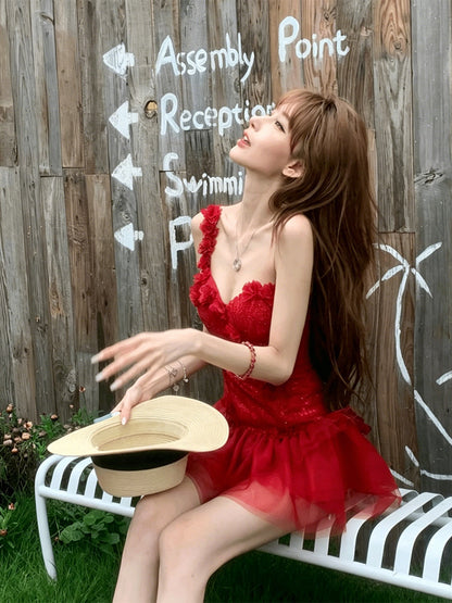 Romantic Red One Shoulder 3D Floral Lace Corset A Line Short Homecoming Dress Birthday Party Dress AS3488