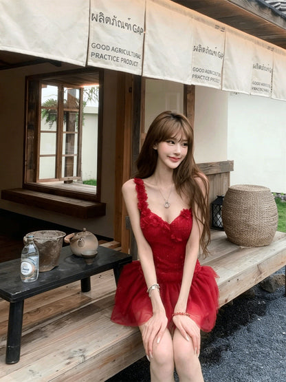 Romantic Red One Shoulder 3D Floral Lace Corset A Line Short Homecoming Dress Birthday Party Dress AS3488