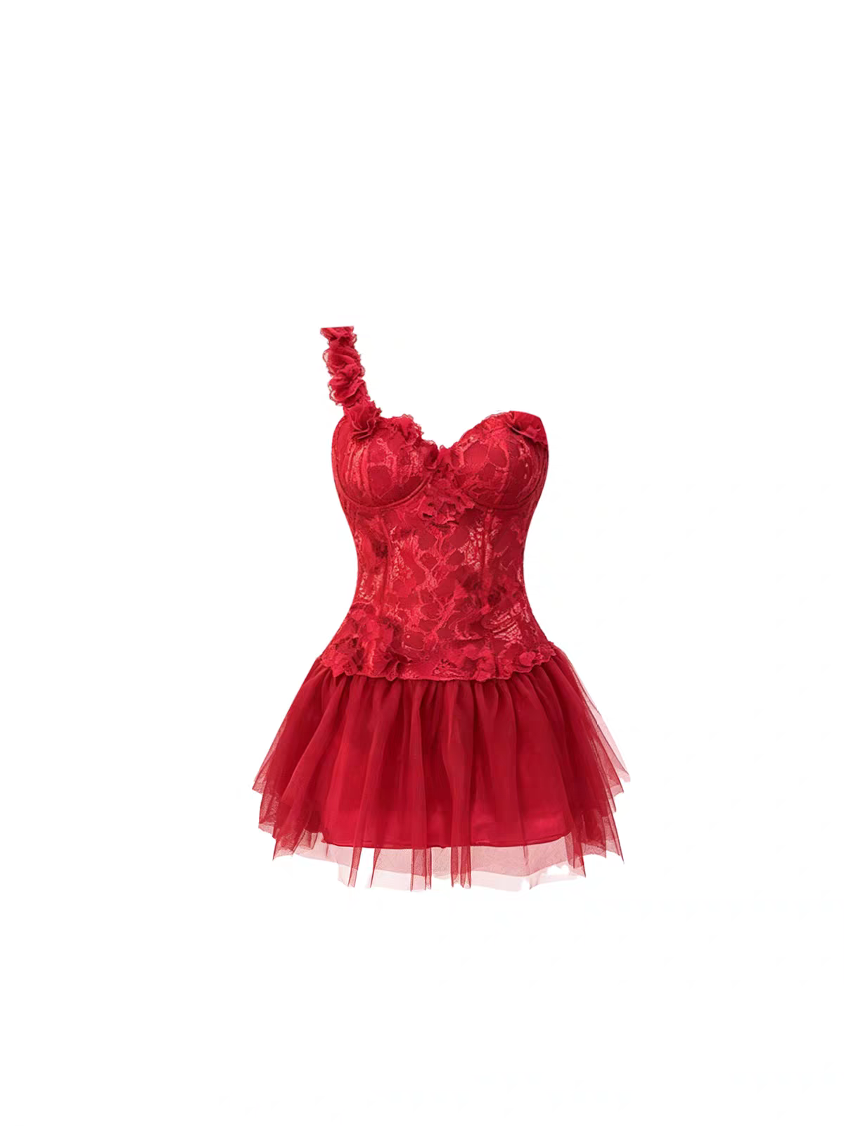 Romantic Red One Shoulder 3D Floral Lace Corset A Line Short Homecoming Dress Birthday Party Dress AS3488