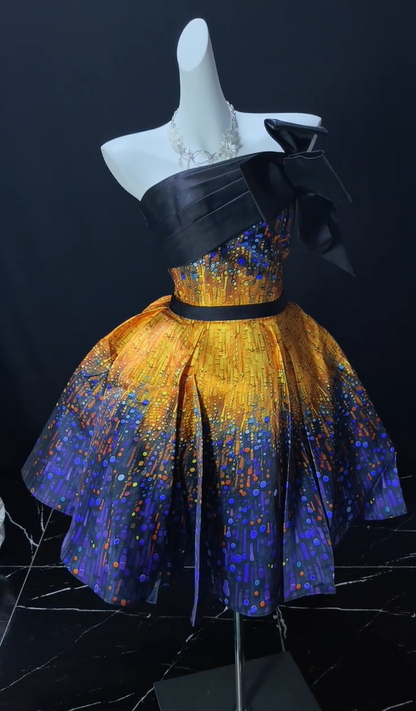 Stunning Ombre Galaxy Print Strapless Bow A Line Short Homecoming Dress Birthday Party Dress AS3489
