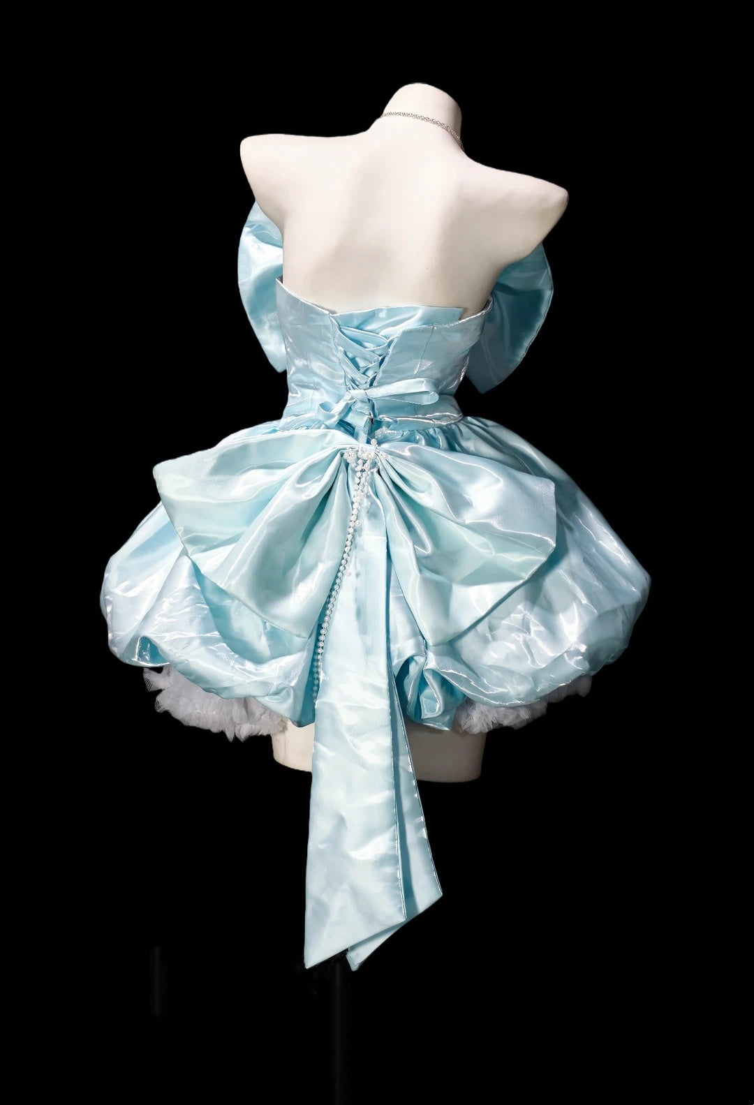 Dreamy Ice Blue Strapless Giant Bow Pearl Chain Floral Bubble A Line Short Homecoming Dress Birthday Party Dress AS3490