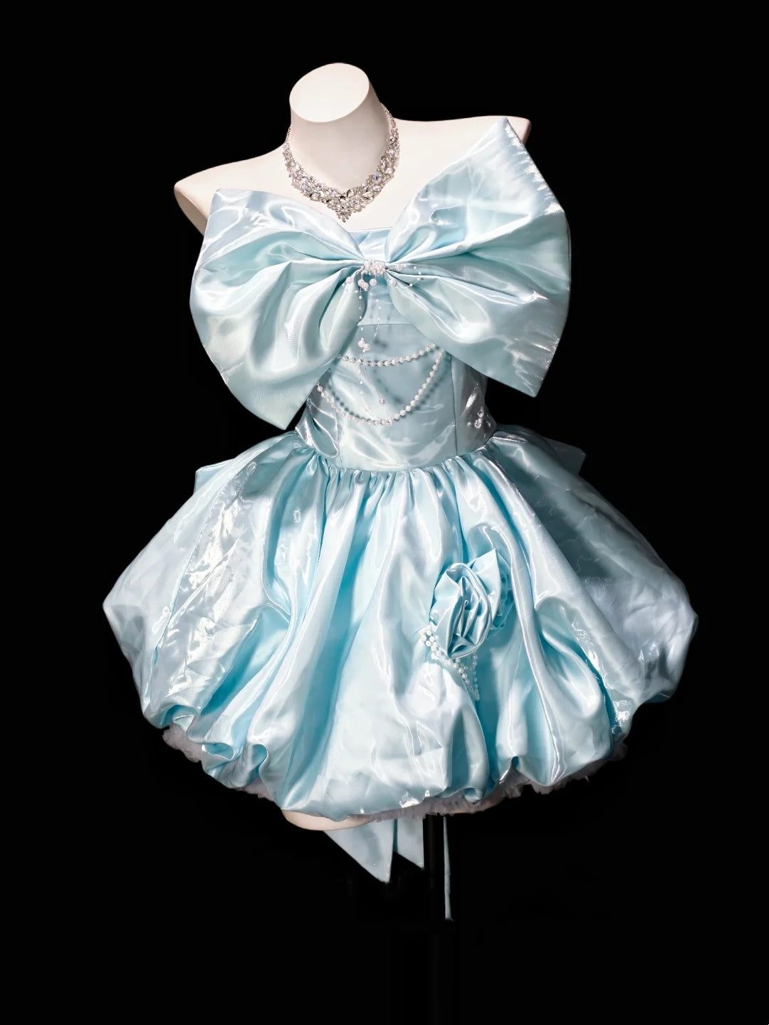 Dreamy Ice Blue Strapless Giant Bow Pearl Chain Floral Bubble A Line Short Homecoming Dress Birthday Party Dress AS3490