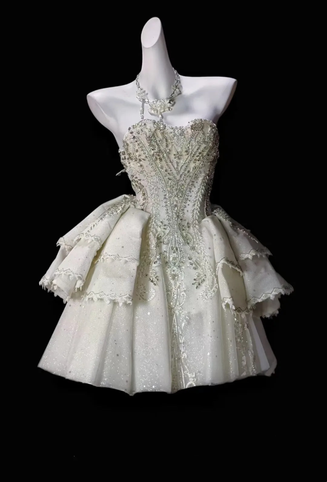 Luxury Ivory Strapless Heavy Beaded Glitter Tulle A Line Short Homecoming Dress Birthday Party Dress AS3491